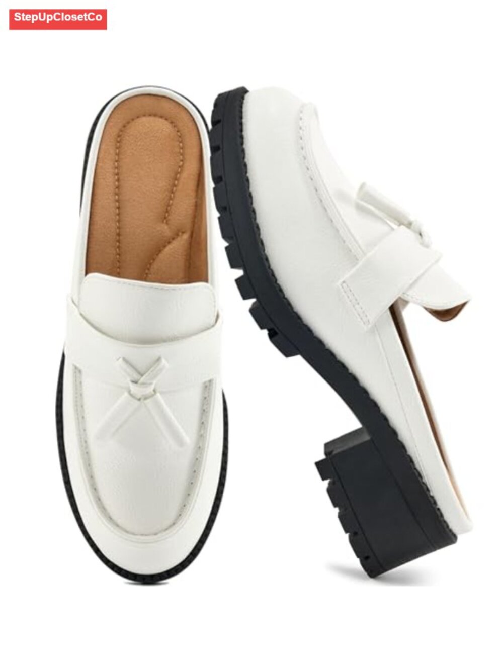 Faux Leather Mules Backless Closed Toe Chunky Heel Tassel Slip On Office Shoes
